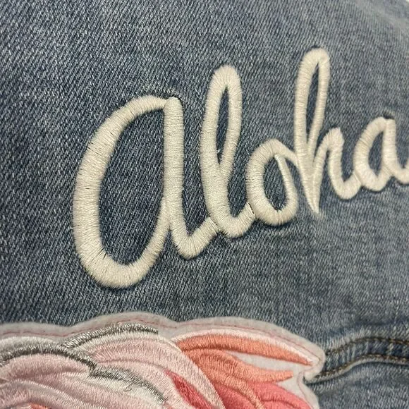 Denim Jean Stretch Jacket Embroidered Flamingo Aloha SZ S/M - Picture 7 of 11